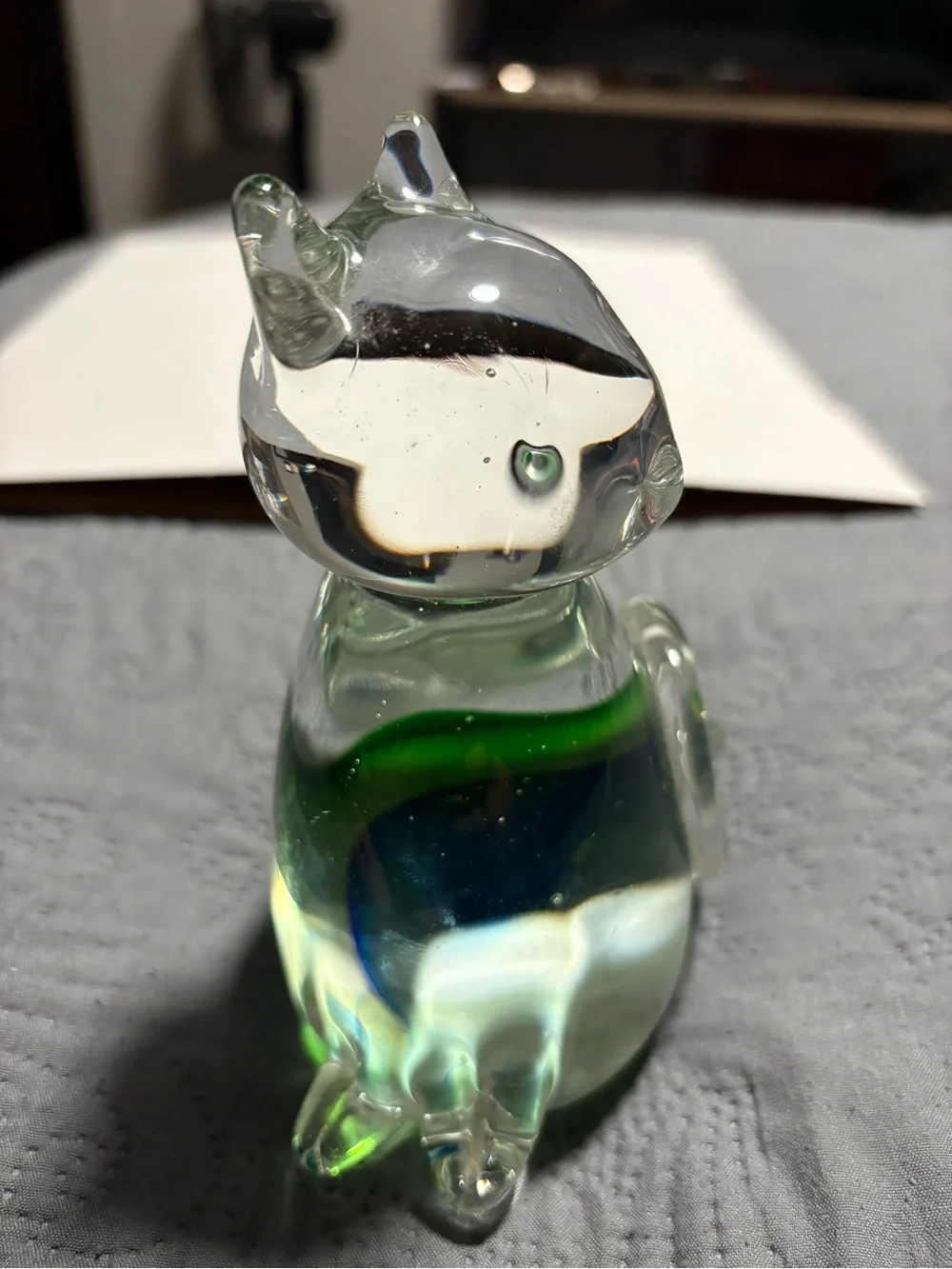 Clear Glass Cat Figurine with Green and Blue Swirl - Brand Unbranded
